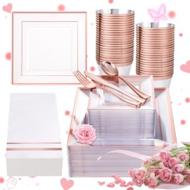 Festiva 350Pcs Rose Gold Plastic Plates - Clear Rose Gold Disposable Dinnerware Sets for 50Guests include 100 Plates 50 Cups 50Plastic Cutlery 50Napkins for Party&Wedding& Valentine\'s Day