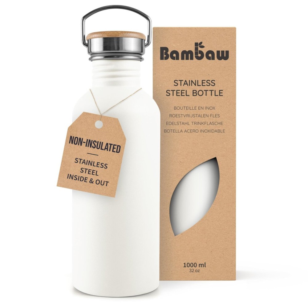 Bambaw Metal Water Bottle, White Water Bottle, Reusable Non-Insulated Sports Bottle, 1 Litre Stainless Steel Bottle, 1 Litre Stainless Steel Bottle - Polar White