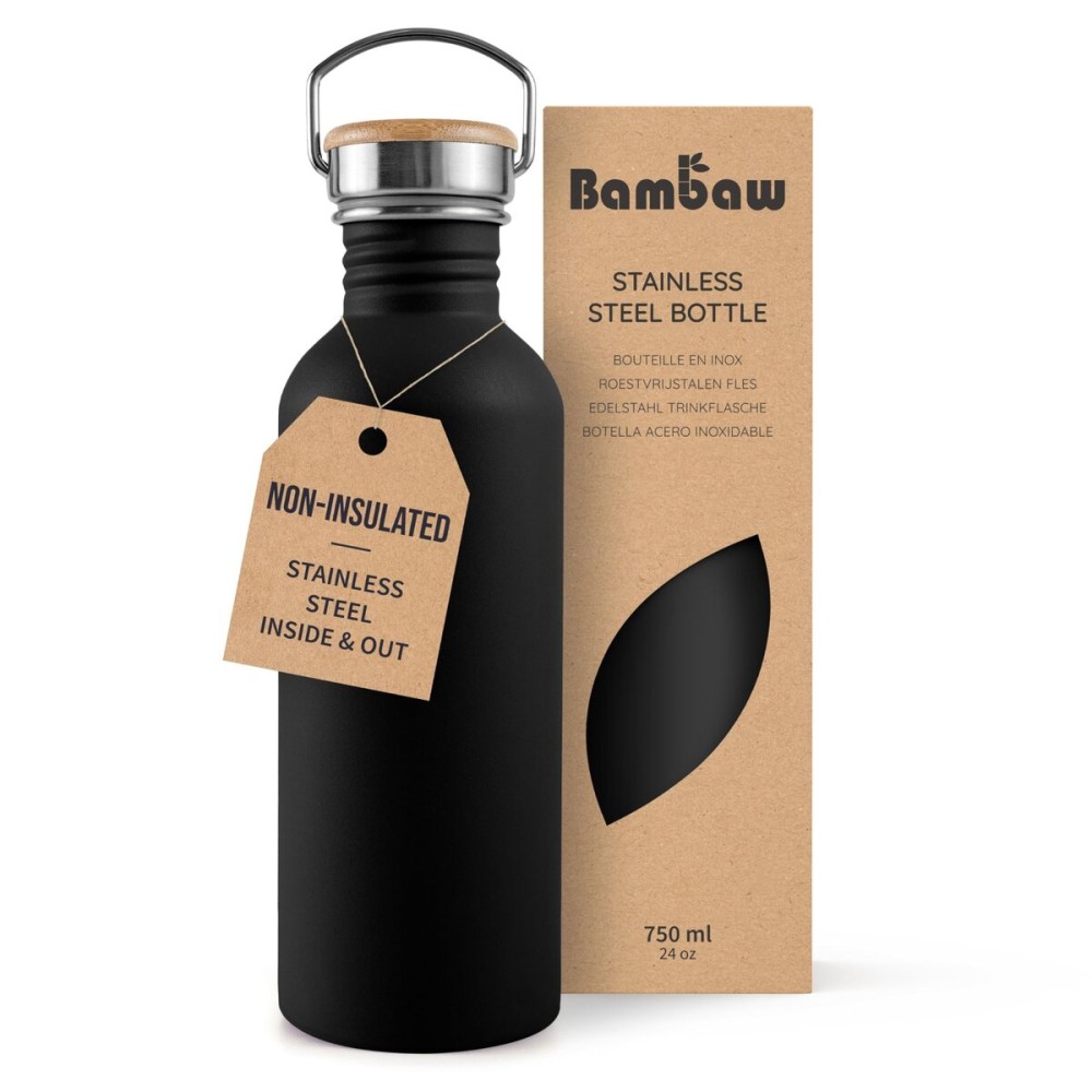 Bambaw Metal Water Bottle 24 oz, Non-insulated Black Water Bottle Metal, Single Walled Stainless Steel Water Bottle, Reusable Water Bottle, Portable & BPA Free Water Bottle - Jet Black