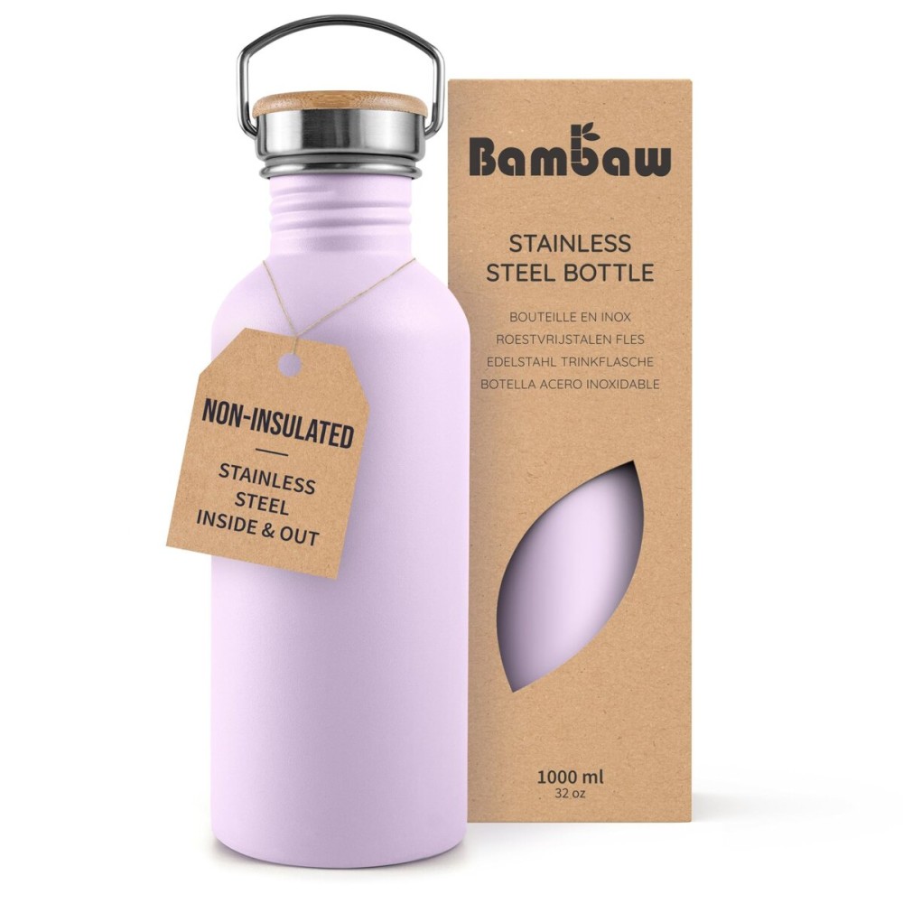 Bambaw Stainless Steel Water Bottle, Purple Water Bottle, 1 Litre Non-Insulated Stainless Steel Bottle, 1 Litre Sports Bottle, BPA-Free Bottle, Reusable Bottle - Light Lilac