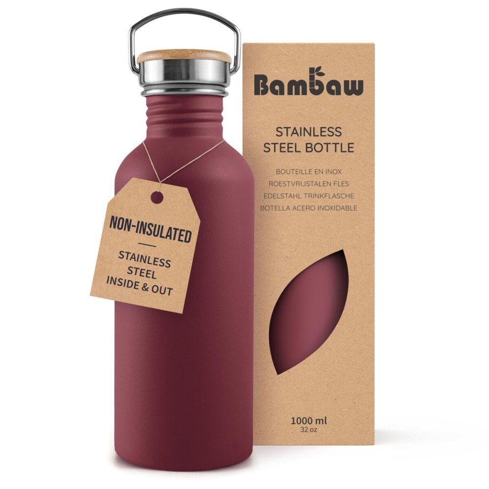 Bambaw Non-insulated 32 oz Water Bottle, Reusable Water Bottle Red, Single Wall Stainless Steel Water Bottle, Travel Water Bottle 32oz, Metal Water Bottle with Handle - Red Berry