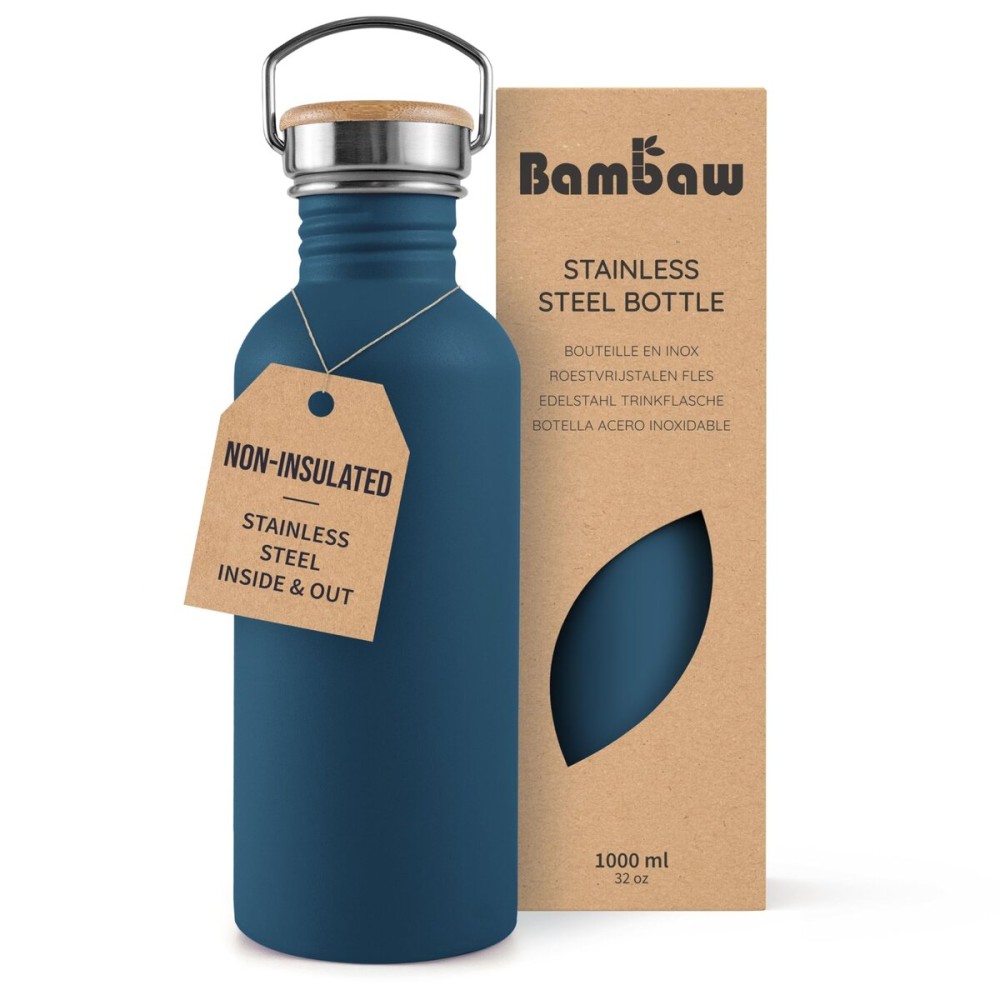 Bambaw Non-Insulated Stainless Steel Water Bottle 32oz (1 Liter) - Single Wall, Dishwasher Safe, With Handle, Reusable, Large - Aegean Blue