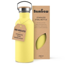 Bambaw Stainless Steel Water Bottle 32 oz, Non-insulated Yellow Beam with Handle, Dishwasher Safe