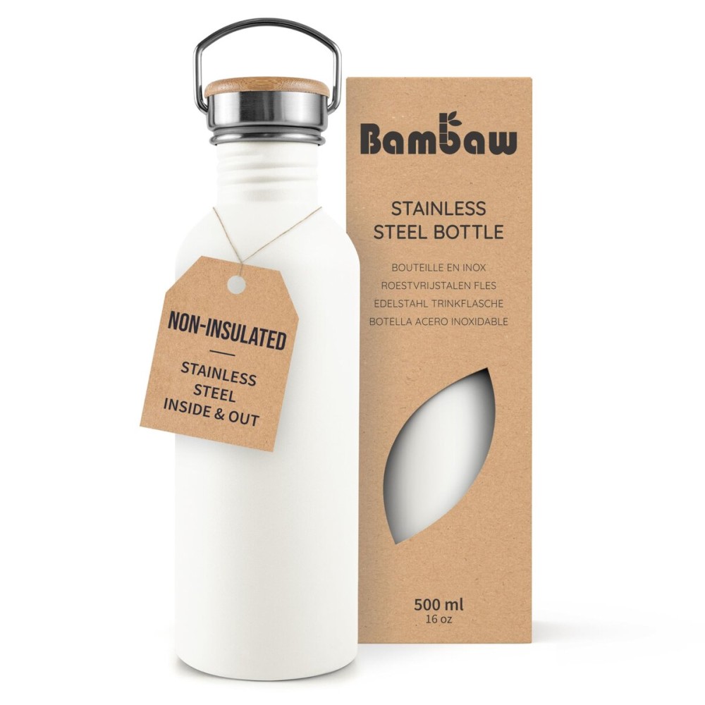 Bambaw 500 ml Stainless Steel Water Bottle, White Water Bottle, Non-Insulated Sports Stainless Steel Children\'s Bottle, Reusable - Polar White