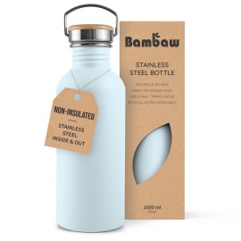 Bambaw 1 Litre Stainless Steel Water Bottle, Light Blue Water Bottle, BPA-Free Non-Insulated Sports Bottle, 1 Litre Stainless Steel Bottle - Polar Blue