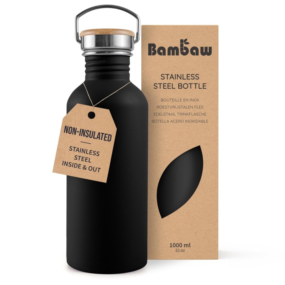 Bambaw Stainless Steel Water Bottle, Black Sports Bottle, Non-Insulated Water Bottle, 1L Stainless Steel, Reusable Bottle, Metal Bottle, BPA-Free - Onyx Black
