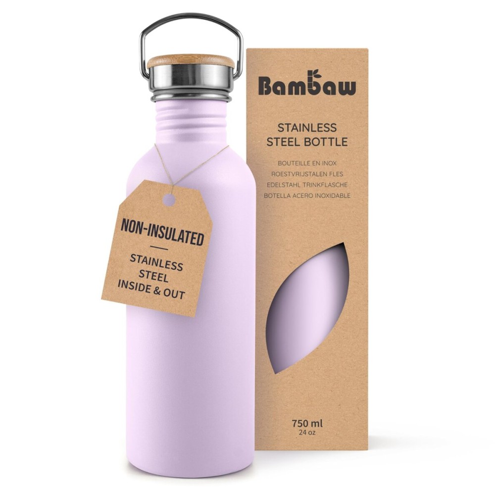 Bambaw Stainless Steel Water Bottle, 750 ml, Purple Sports Bottle, Non-Insulated Water Bottle, Stainless Steel Bottle, BPA-Free Flask - Light Lilac