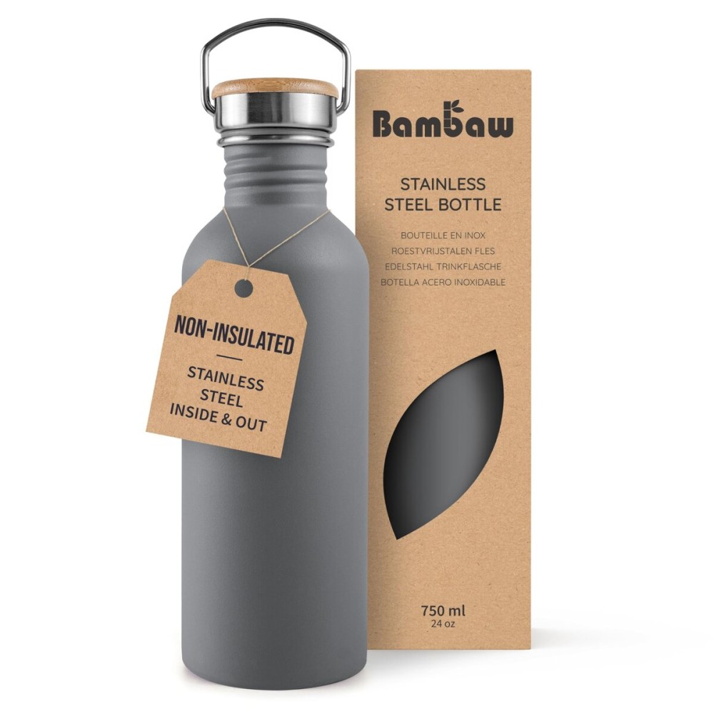 Bambaw Stainless Steel Water Bottle, 750 ml, Grey Sports Bottle, Non-Insulated Metal Water Bottle, Reusable, 750 ml, BPA-Free Flask, Leakproof - Stormy Gray