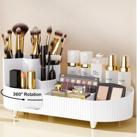 Rotating Vanity Organizer with Brush Holder, Large Spinning Makeup Skincare & Cosmetic Organizer, Countertop Perfume & Lotions Display Case (White)