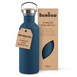 Bambaw Stainless Steel Water Bottle 16 oz, Navy Blue Sports Bottle, Non-Insulated Single Wall, Children\'s Small Metal Water Bottle, 500 ml, Reusable - Aegean Blue