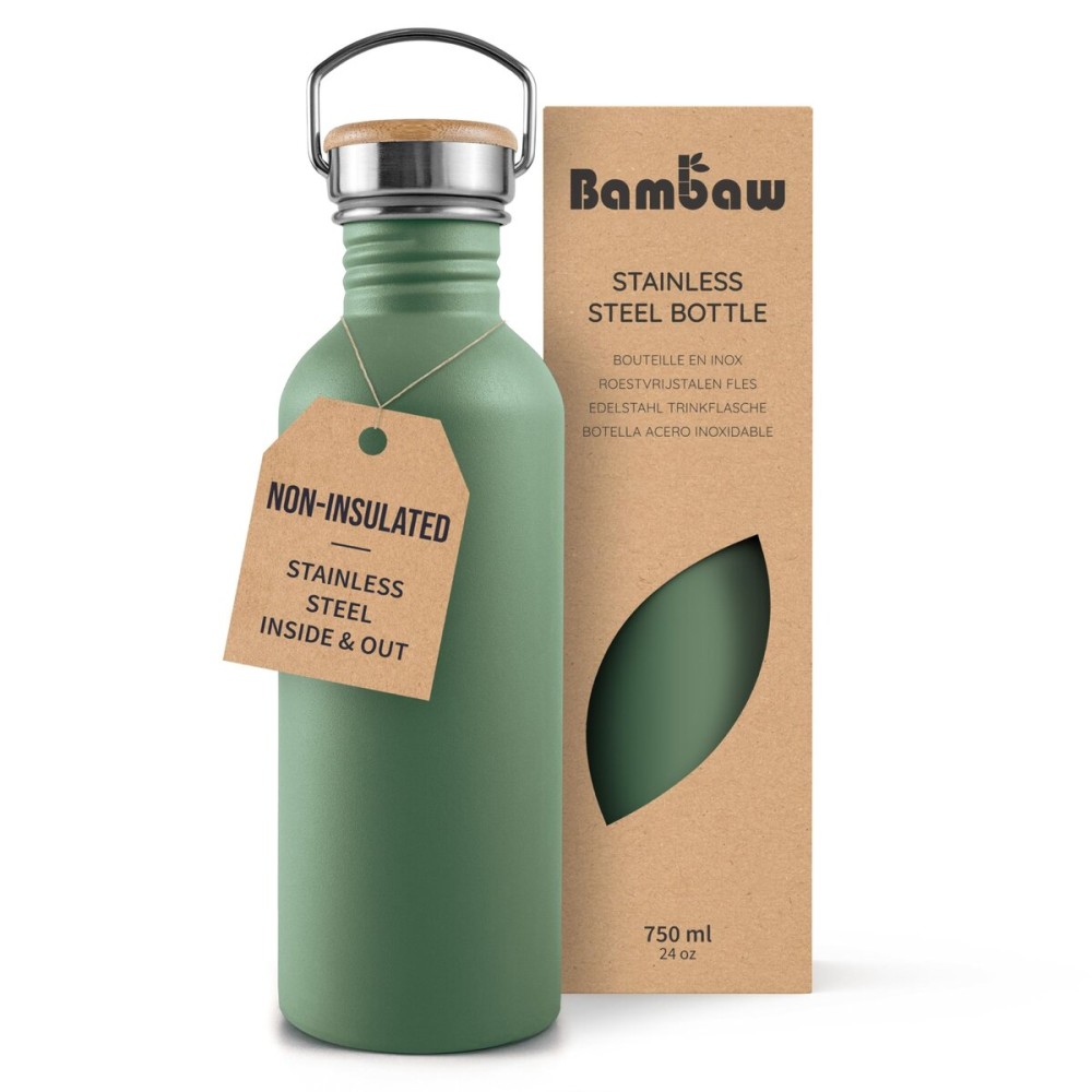Bambaw 24 oz Stainless Steel Water Bottle, Green, Dishwasher Safe, Non Insulated, No Straw Sage Green