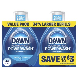 Dawn Powerwash Fresh Dish Spray, Liquid Dish Soap, Dish Soap Refill, Dish Detergent Liquid, 2 Refills, 2x21.5 Fl Oz