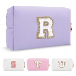Personalized Makeup Bag Initial A-Z Preppy Patch Bag,Small PU Leather Travel Cosmetic Bag Pouch with Zipper,Purple Cute Toiletry Bag,Gift Ideal for Teen Girls Women Birthday Friend Mom,Latter R
