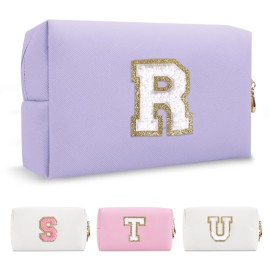 Personalized Makeup Bag Initial A-Z Preppy Patch Bag,Small PU Leather Travel Cosmetic Bag Pouch with Zipper,Purple Cute Toiletry Bag,Gift Ideal for Teen Girls Women Birthday Friend Mom,Latter R