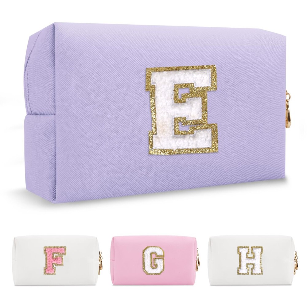Personalized Makeup Bag Initial A-Z Preppy Patch Bag,Small PU Leather Travel Cosmetic Bag Pouch with Zipper,Purple Cute Toiletry Bag,Gift Ideal for Teen Girls Women Birthday Friend Mom,Latter E