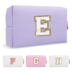 Personalized Makeup Bag Initial A-Z Preppy Patch Bag,Small PU Leather Travel Cosmetic Bag Pouch with Zipper,Purple Cute Toiletry Bag,Gift Ideal for Teen Girls Women Birthday Friend Mom,Latter E