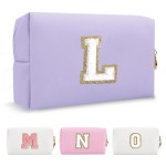 Personalized Makeup Bag Initial A-Z Preppy Patch Bag,Small PU Leather Travel Cosmetic Bag Pouch with Zipper,Purple Cute Toiletry Bag,Gift Ideal for Teen Girls Women Birthday Friend Mom,Latter L