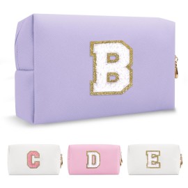Personalized Makeup Bag Initial A-Z Preppy Patch Bag,Small PU Leather Travel Cosmetic Bag Pouch with Zipper,Purple Cute Toiletry Bag,Gift Ideal for Teen Girls Women Birthday Friend Mom,Latter B