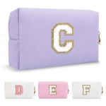 Personalized Makeup Bag Initial A-Z Preppy Patch Bag,Small PU Leather Travel Cosmetic Bag Pouch with Zipper,Purple Cute Toiletry Bag,Gift Ideal for Teen Girls Women Birthday Friend Mom,Latter C