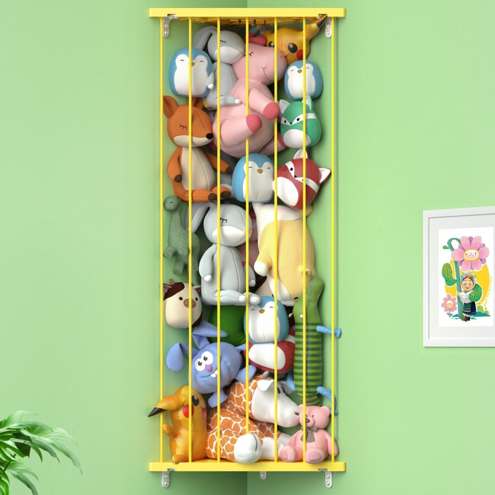Stuffed Animal Storage Shelf Organizer - Corner Stuffed Animal Holder Length Adjustable - Wall Plush Storage Net for Playroom Bedroom (Yellow, Standard)