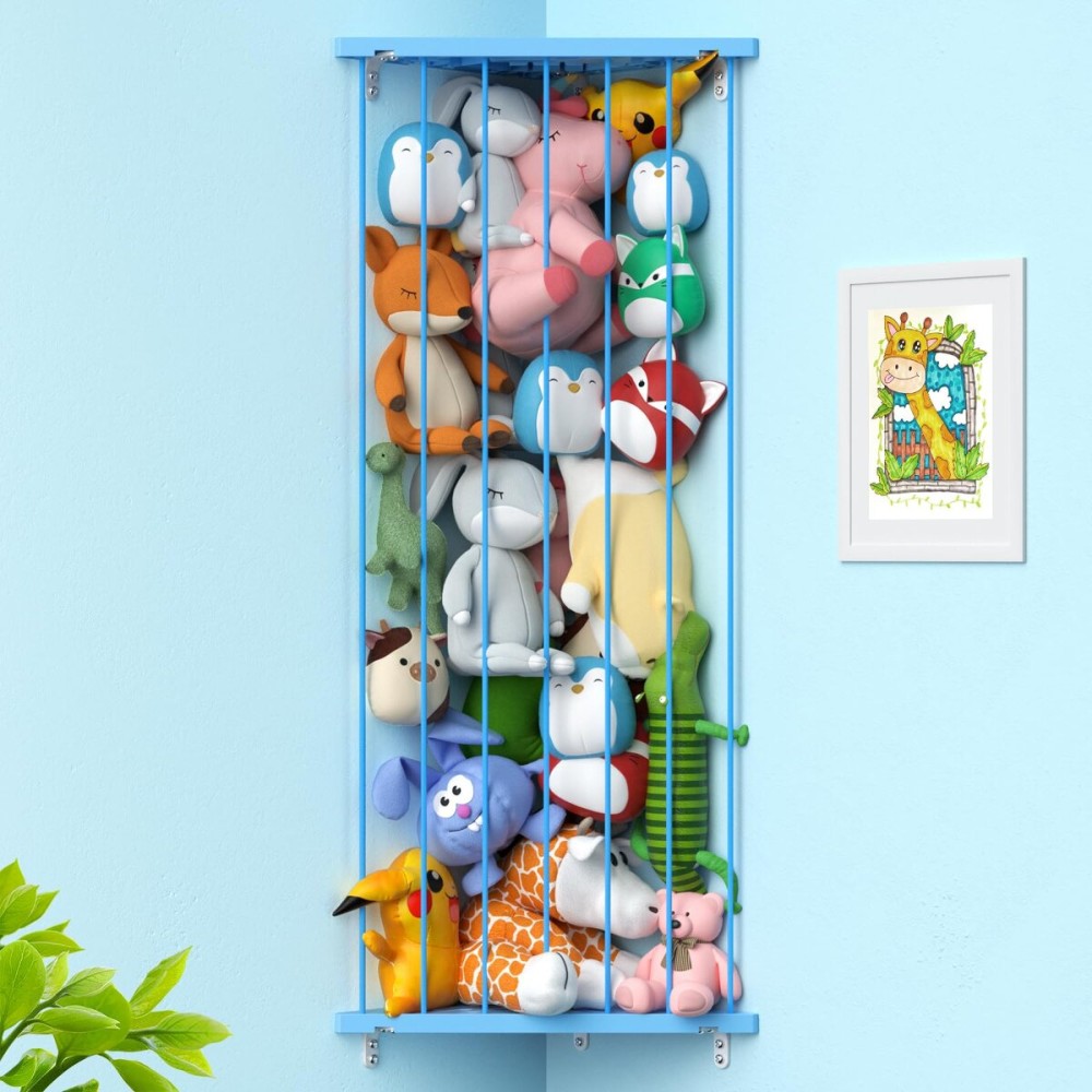Stuffed Animal Storage Shelf Organizer(Patented) - Corner Stuffed Animal Holder Length Adjustable - Wall Plush Storage for Nursery Playroom Bedroom Kids Room (Blue, Standard)