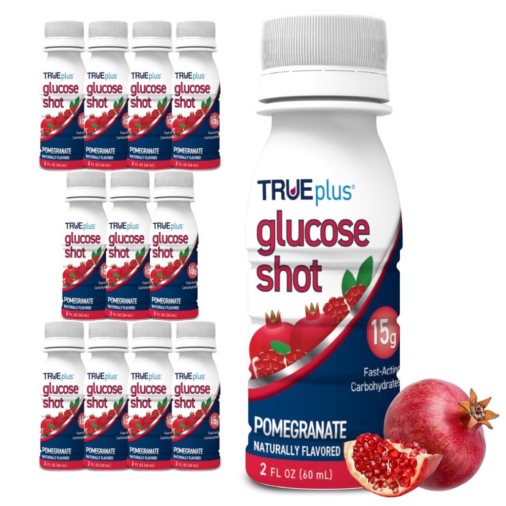 TRUEplus Glucose Shot, Pomegranate, 15g Fast-Acting Carbohydrates, Fat Free, Gluten Free, Raise Low Blood Sugar and Boost Energy, 12 Pack