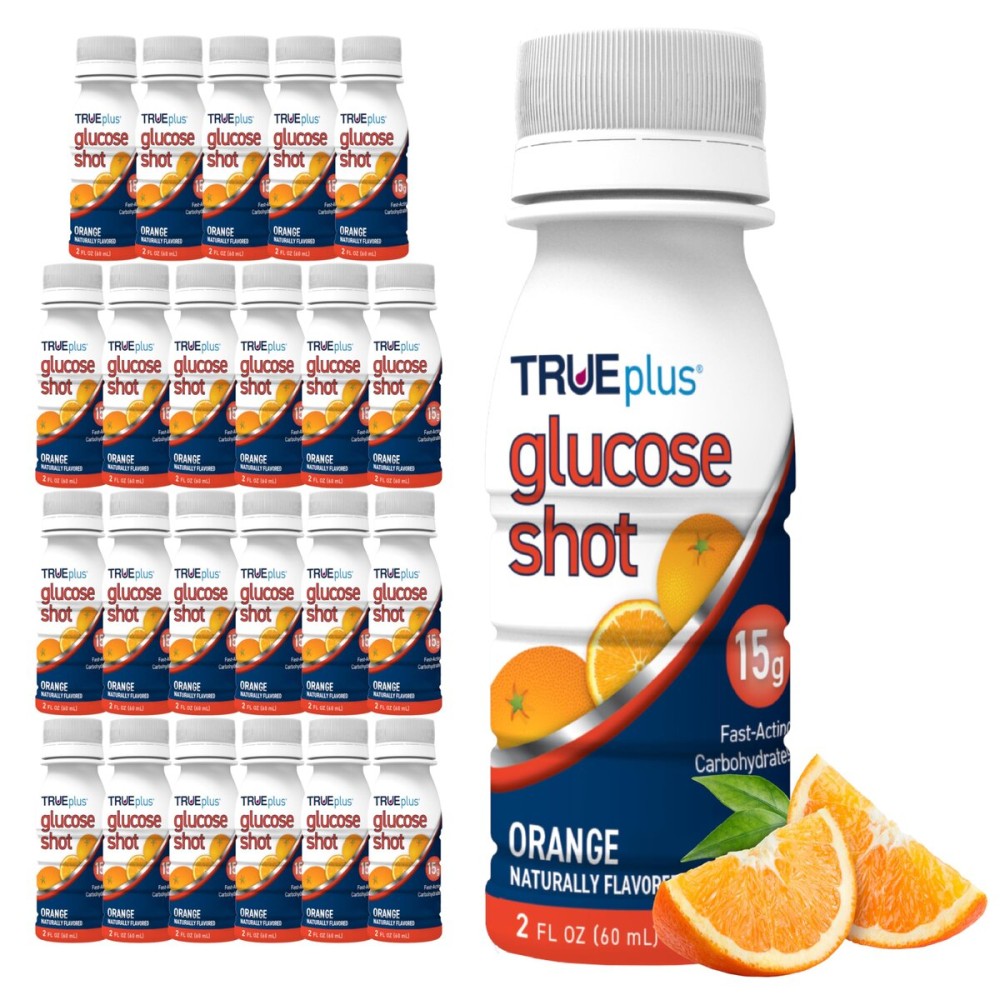 TRUEplus Glucose Shot, Orange, 15g Fast-Acting Carbohydrates, Fat Free, Gluten Free, Raise Low Blood Sugar and Boost Energy, 24 Pack