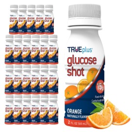 TRUEplus Glucose Shot, Orange, 15g Fast-Acting Carbohydrates, Fat Free, Gluten Free, Raise Low Blood Sugar and Boost Energy, 24 Pack