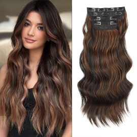 Vigorous Clip in Hair Extensions 20 Inch Black mix Brown Hair Extension 4Pcs Long Wavy Soft Synthetic Hairpieces for Women
