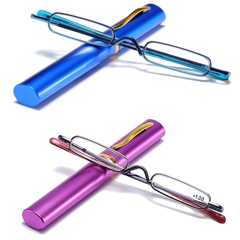 Viseng Slim Mini Metal Reading Glasses Compact Lightweight Portable Readers with Glasses Case for Reading Case +3.0 (Blue/Purple)