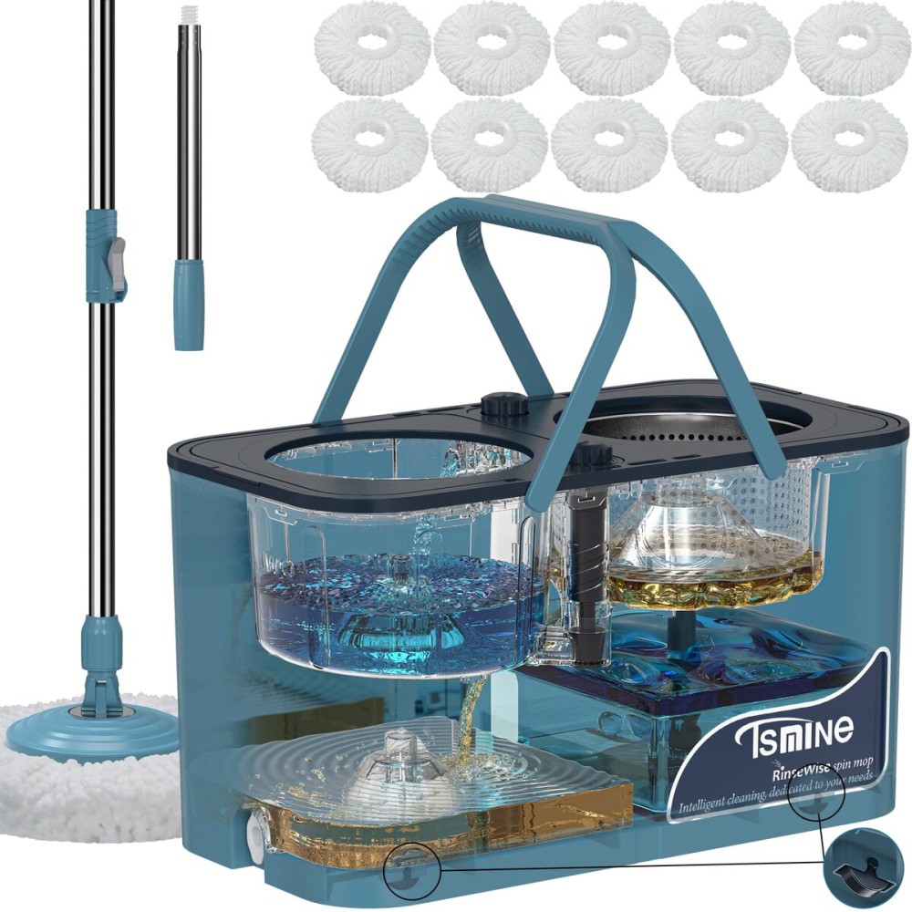 Gen 1 Large-Capacity Spin Mop and Bucket - for Big Homes & Deep Cleaning Days,4-Chamber System Separates Dirty & Clean Water, 2-GAL Heavy-Duty Design with Wheels & 10 Refill Mop Heads - Blue/Grey