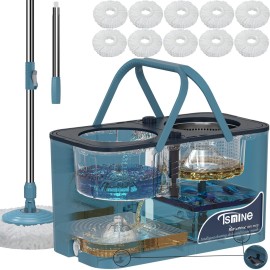 Gen 1 Large-Capacity Spin Mop and Bucket - for Big Homes & Deep Cleaning Days,4-Chamber System Separates Dirty & Clean Water, 2-GAL Heavy-Duty Design with Wheels & 10 Refill Mop Heads - Blue/Grey