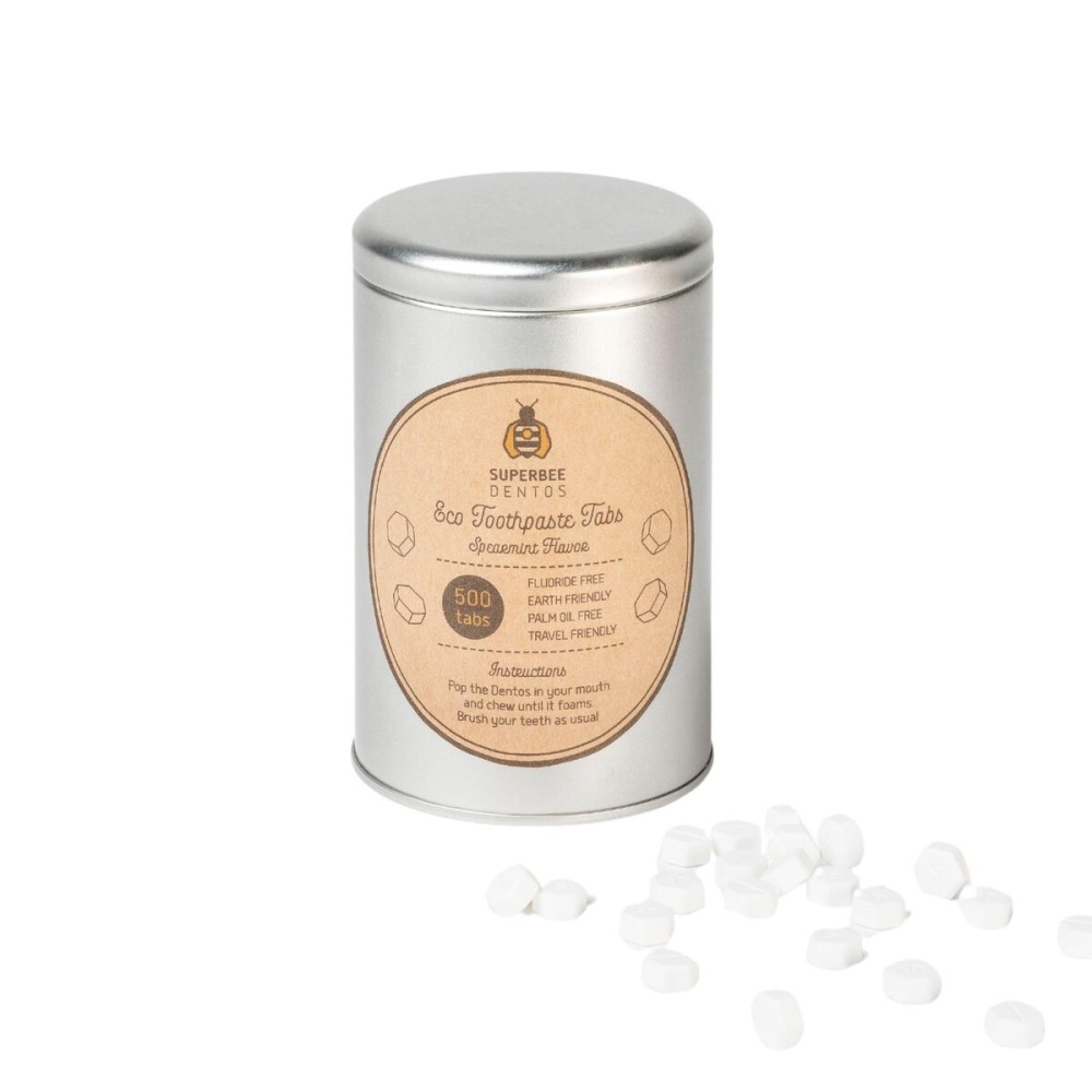 SuperBee Dentos Toothpaste Tablets, 500 Tabs, Fluoride Free & Eco Friendly, Travel Mouthwash Tablets, Sensitive Bites for Kids and Adults, Chewable Tablet, Spearmint