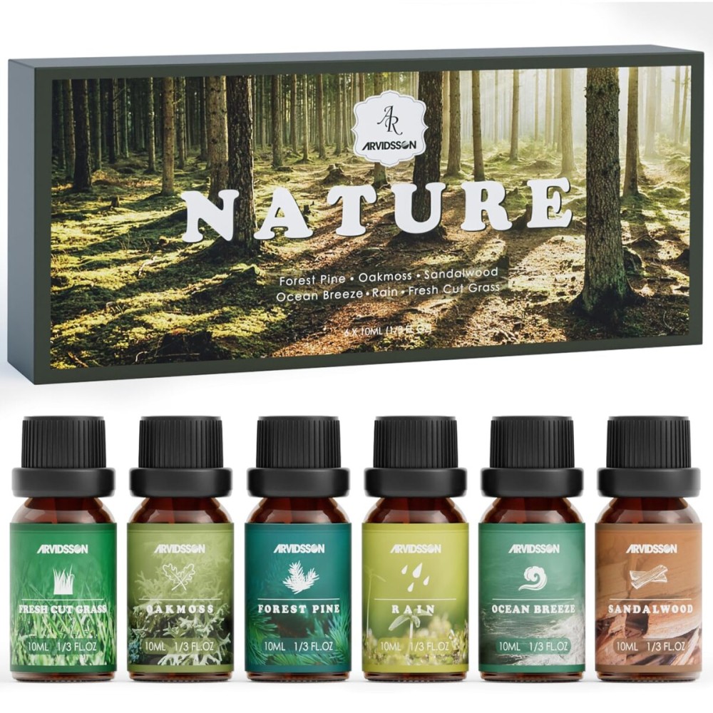 Nature Essential Oils Set, ARVIDSSON Natural Fragrance Oils for Candle Making, Fresh Cut Grass, Ocean Breeze, Rain, Pine, Sandalwood, Oakmoss, Diffuser Scented Oils