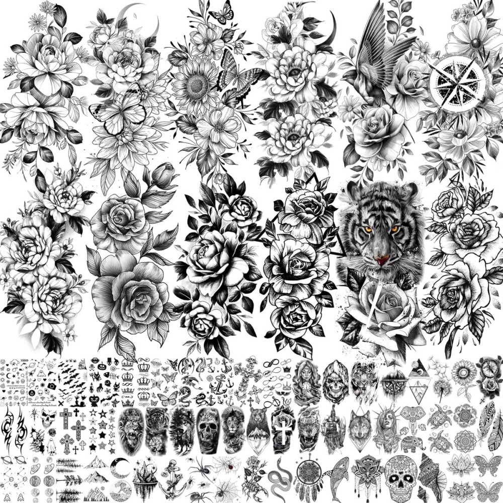 JOEHAPY 67 Sheets Black Realistic Rose Flower Temporary Tattoos For Women Girls Arm Thigh, Peony Moon Tiger Floral Temp Sleeve Tattoo Sticker Adult, Waterproof Fake Tatoos That Look Real And Last Long