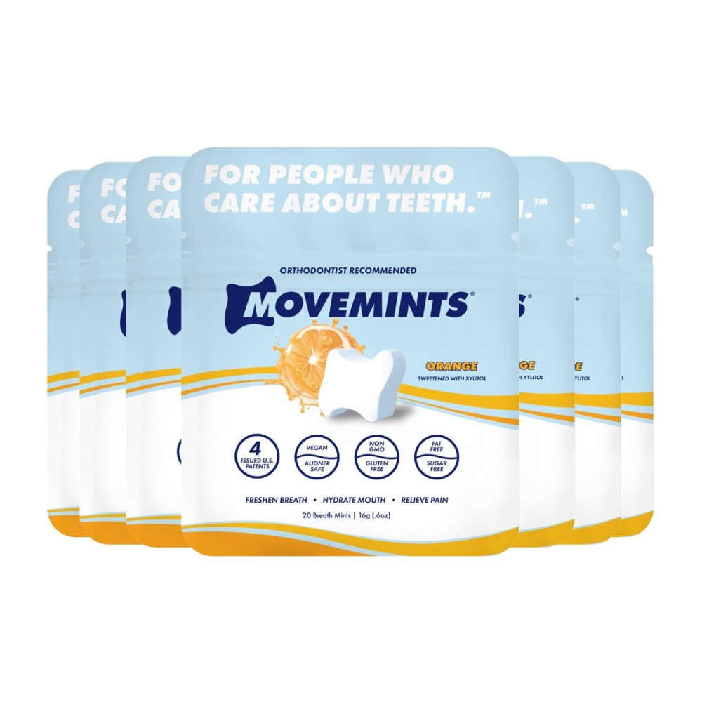 Movemints Clear Aligner Mints - Patented, Edible Alternative to Chewies - Freshen Breath and Improve Dry Mouth with Xylitol - Orange (7 Pack)