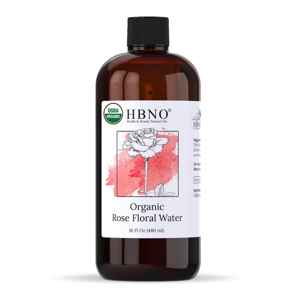 HBNO California Bottled Organic Rose Water for Face Huge 16 fl oz (480ml) Value Size - USDA Certified for Face - Pure Rose Water for Hair - Rosewater for Skincare, Haircare