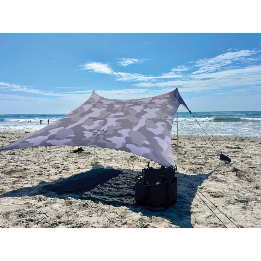 Neso Portable Beach Tent Sun Shelter with Sand Anchor - Lightweight Beach Shade Canopy - Easy Setup for Family Outings - Patented Reinforced Corners - UPF 50+ Sun Protection - 7 x 7ft - Grey Camo