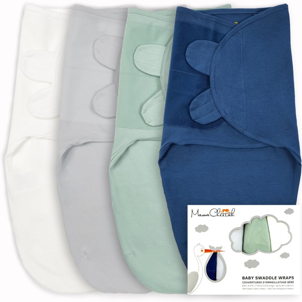 Mama Cheetah Baby Swaddle Sack, Organic Cotton Swaddle Blanket, Adjustable Swaddle Sleep Sacks, Easy Swaddles for Boy Girl 0-3 Month, Baby Essentials, 4-Pack, Neutral Bliss