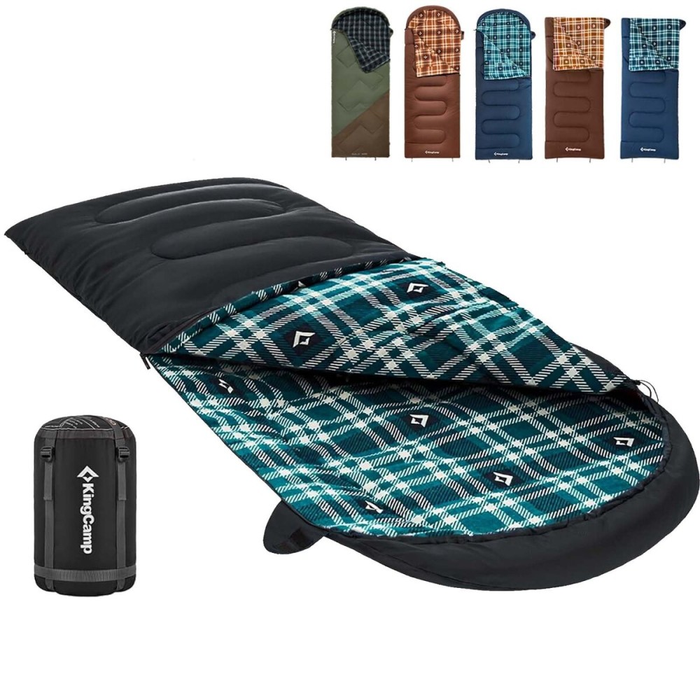 KingCamp Sleeping Bag for Adults, Cold Weather & Warm XL Big and Tall Flannel Sleeping Bags with Compression Sack Portable Waterproof Essentials Gear Accessories for Outdoor Camping (Black Left)