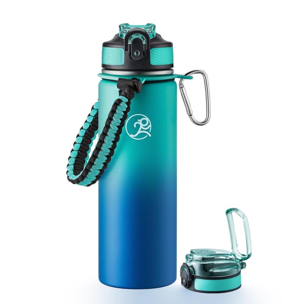 GOSWAG Insulated Sports Water Bottle, 24oz 2 Lids(with Straw/No Straw), Stainless Steel Water Bottles with Paracord Handle, Insulated Bottle with Double-Wall Vacuum Insulation