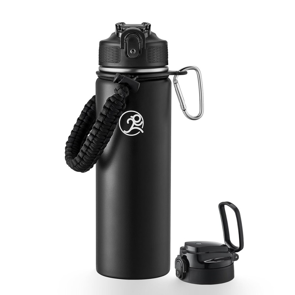 GOSWAG Insulated Sports Water Bottle, 24oz 2 Lids(with Straw/No Straw), Stainless Steel Water Bottles with Paracord Handle, Insulated Bottle with Double-Wall Vacuum Insulation