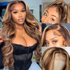 Hedy 28 Inch Ombre Highlight 4/27 Lace Front Human Hair Wigs Pre Plucked with Natural Hairline Glueless 4x4 HD Transparent Lace Closure Human Hair Highlight Wigs for Women 150% Density