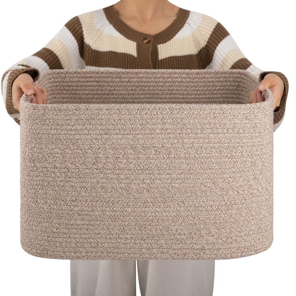 OIAHOMY Cotton Rope Basket, Rectangle Woven Nursery Blanket Basket, Toy Storage Basket with Handle, Baskets for Organizing, 18x14x12, Brown variegated