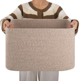 OIAHOMY Cotton Rope Basket, Rectangle Woven Nursery Blanket Basket, Toy Storage Basket with Handle, Baskets for Organizing, 18x14x12, Brown variegated