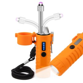 LcFun Electric Lighters Rechargeable Lighters Flexible Neck Dual Arc Electronic Lighter USB C Lighter with LED Battery Indicator and Flashlight for Candle, Camping, Hiking, Outdoor Adventure