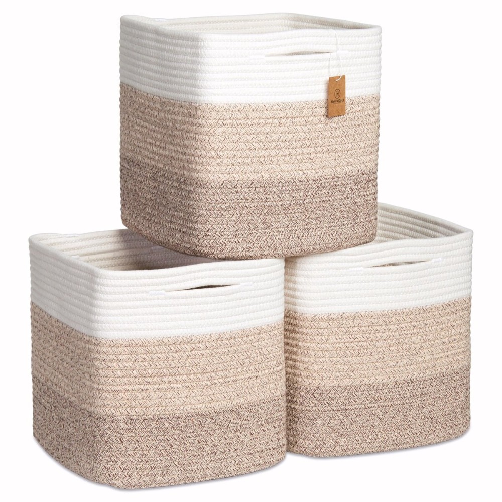 NaturalCozy Storage Cubes 11 Inch Cotton Rope Woven Baskets for Organizing, 3-Pack | Cube Storage Bin | Square Storage Baskets for Shelves Organizer, Classroom, Kids Toy Bins, Closet, Baby Nursery