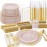 Nervure 350PCS Pink Plastic Plates - Pink Dinnerware Sets for 50 Guests - 100 Disposable Plates, 150 Gold Plastic Silverware, 50 Cups, 50 Napkins for Wedding & Party