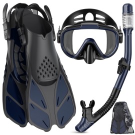 Ubekezele Snorkeling Gear for Adults Men Women,4 in 1 Snorkel Set with Panoramic View Diving Mask Anti-Fog Anti-Leak,Dry Top Snorkel,Fins and Travel Bag for Swimming,Snorkeling and Travel Diving