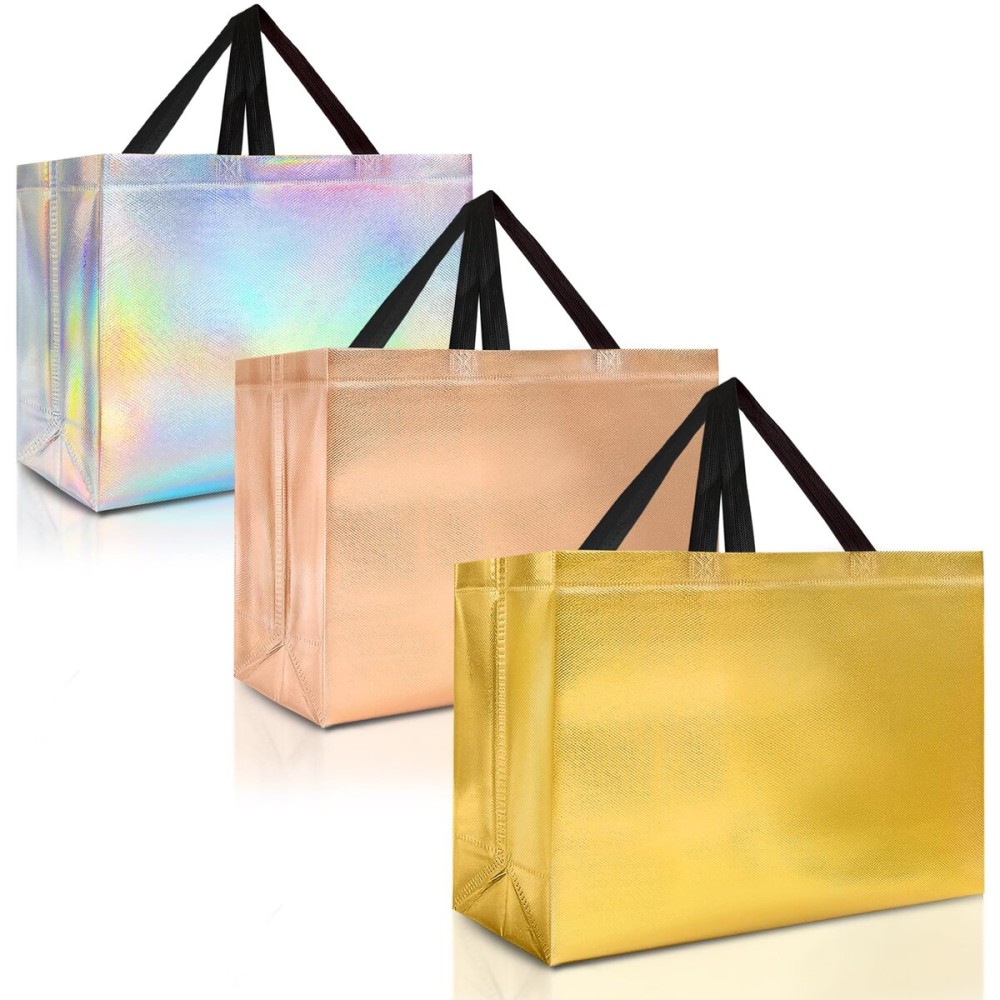 Nush Nush Set of 12 Mix Color Extra Large Gift Bags - 4 of Each Color (Rose Gold, Gold and Iridescent) Reusable Gift Bags With Handles, Black- Perfect for Christmas, Thanksgiving, Wedding - 15.5x6x12